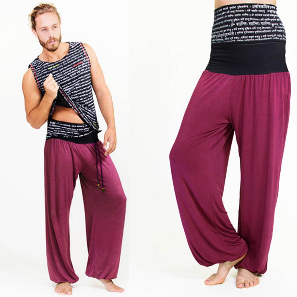 Pantalon yoga homme large, taille haute repliable en Bambou - Mahe mantra imprimé