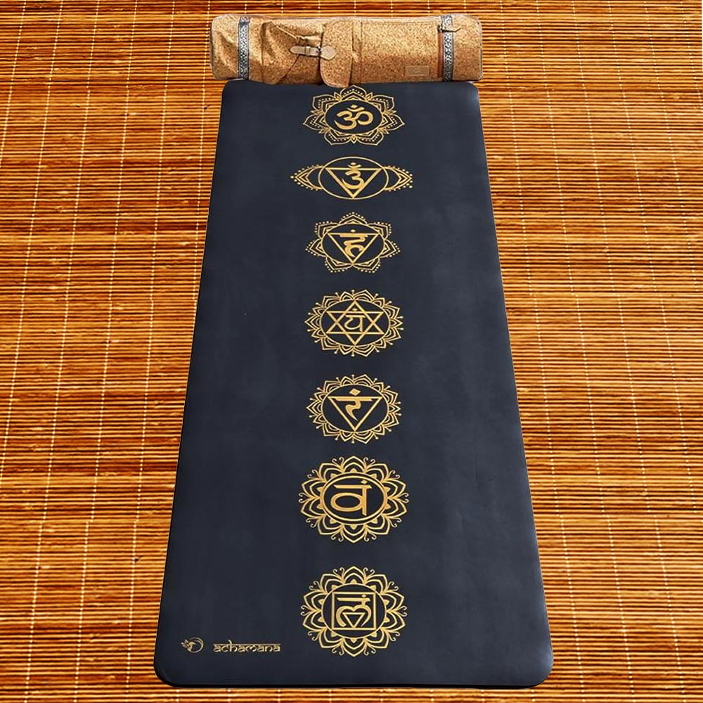 Yoga Touluse- Tapis de yoga pro en caoutchouc et similicuir 7 chakras or