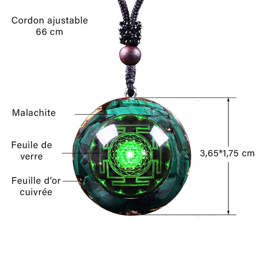 - Collier pendentif Dôme orgonite anti onde Malachite sriyantra - Accessoires de yoga, vêtements et tapis de yoga au naturel
