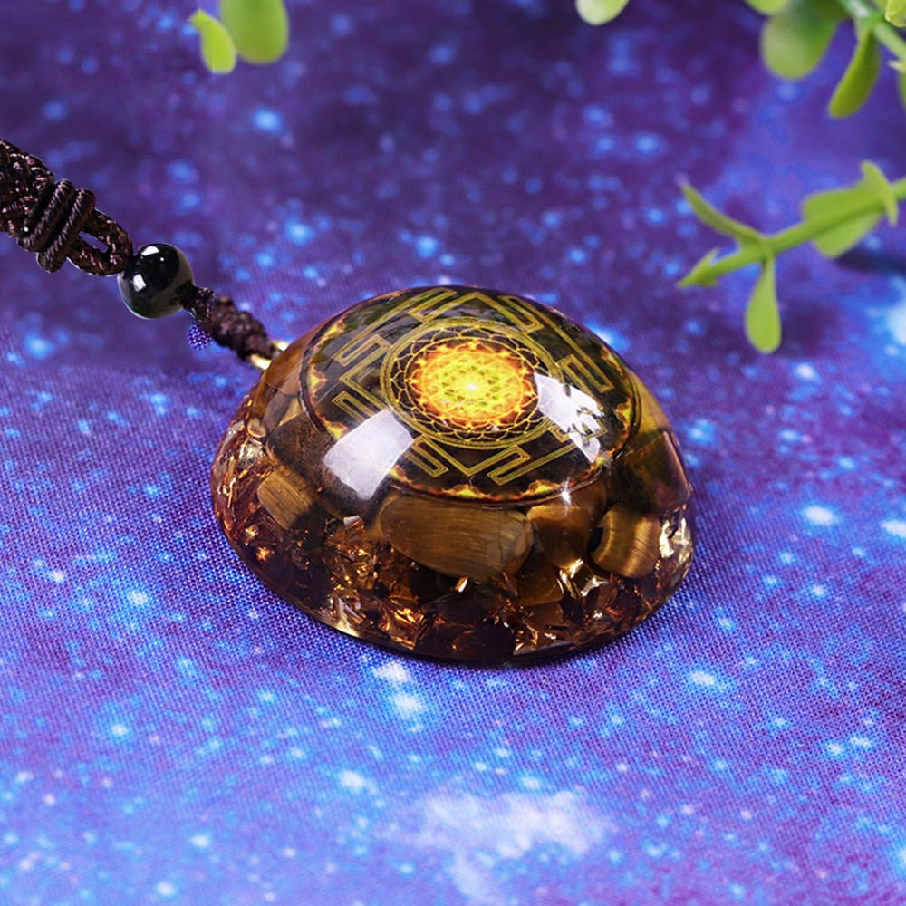 - Collier pendentif Dôme Orgonite anti onde Oeil de tigre sriyantra - Accessoires de yoga, vêtements et tapis de yoga au naturel