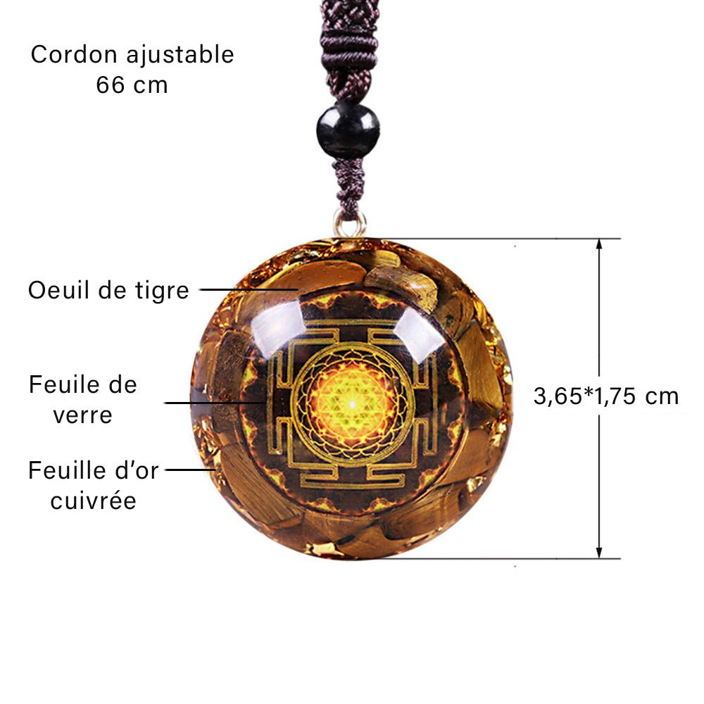 - Collier pendentif Dôme Orgonite anti onde Oeil de tigre sriyantra - Accessoires de yoga, vêtements et tapis de yoga au naturel