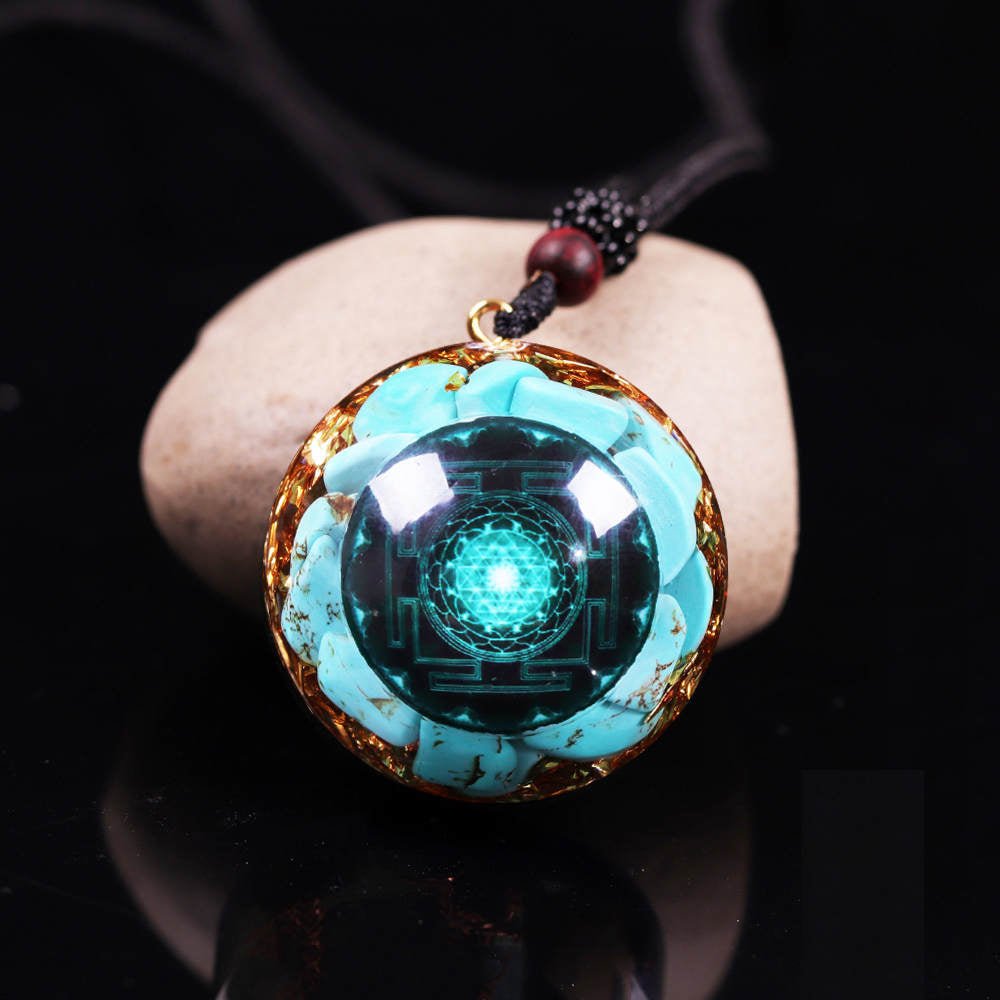 - Collier pendentif Dôme - Orgonite anti onde Turquoise Sriyantra | Accessoire yoga