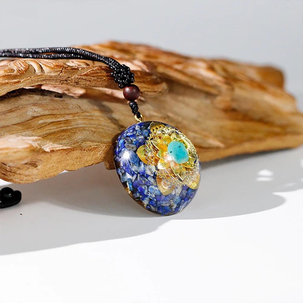 - Collier pendentif Dôme Orgonite fleur de lotus ciselée Lapis lazuli Turquoise - Accessoires de yoga, vêtements et tapis de yoga au naturel