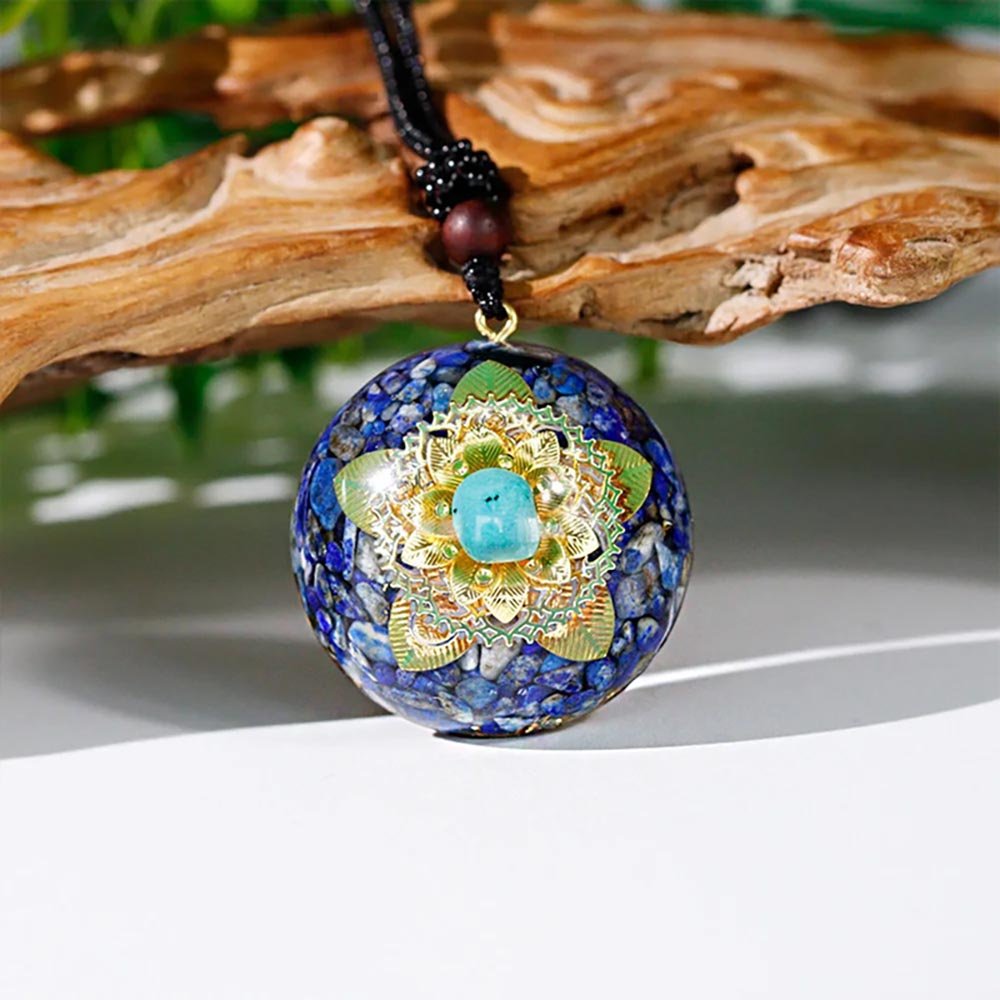 - Collier pendentif Dôme Orgonite fleur de lotus ciselée Lapis lazuli Turquoise - Accessoires de yoga, vêtements et tapis de yoga au naturel