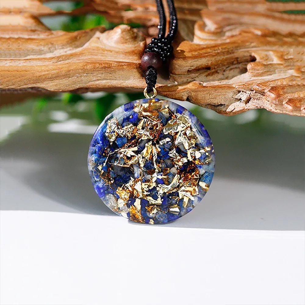 - Collier pendentif Dôme Orgonite fleur de lotus ciselée Lapis lazuli Turquoise - Accessoires de yoga, vêtements et tapis de yoga au naturel