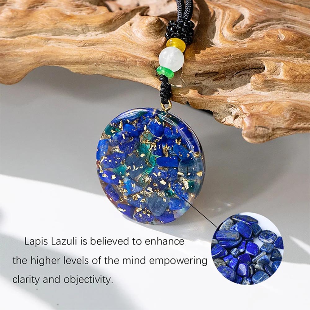 - Collier pendentif dôme orgonite méditation anti onde Lapis lasuli fleur de lotus ciselée - Accessoires de yoga, vêtements et tapis de yoga au naturel
