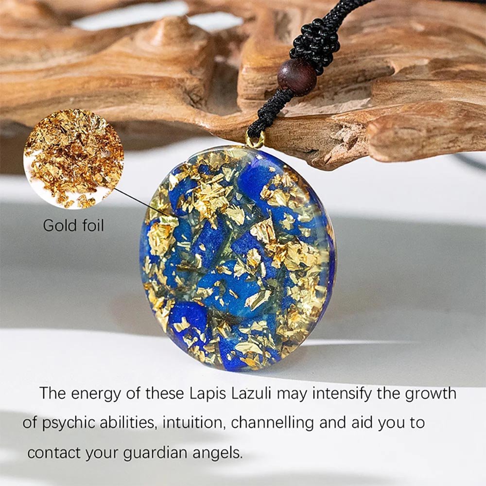 - Collier pendentif dôme orgonite méditation anti onde Lapis lasuli fleur de lotus ciselée - Accessoires de yoga, vêtements et tapis de yoga au naturel