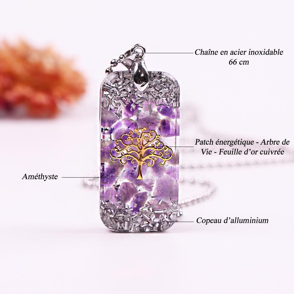 - Collier pendentif orgonite anti onde Améthyste Arbre de vie - Accessoires de yoga, vêtements et tapis de yoga au naturel