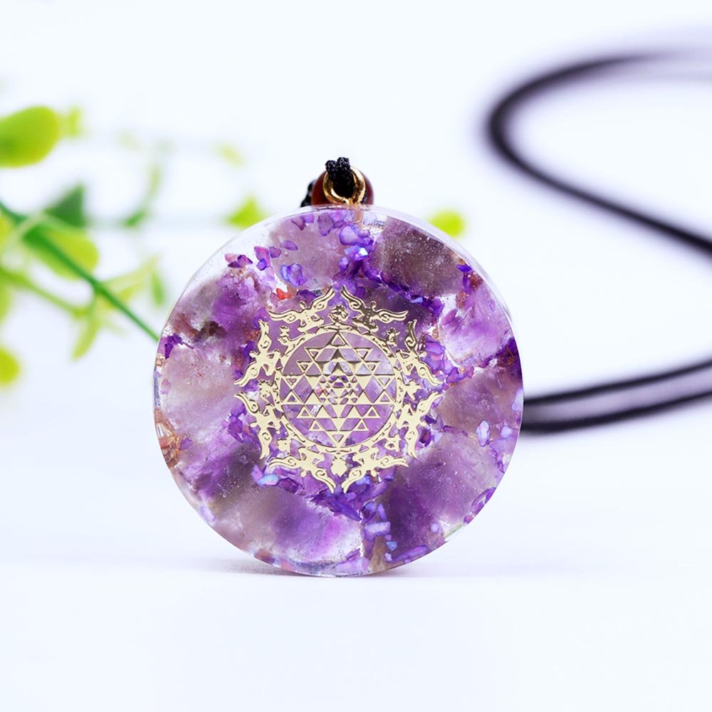 - Collier pendentif orgonite anti onde Améthyste Sriyantra - Accessoires de yoga, vêtements et tapis de yoga au naturel