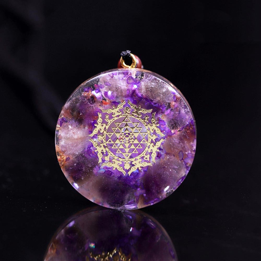 - Collier pendentif orgonite anti onde Améthyste Sriyantra - Accessoires de yoga, vêtements et tapis de yoga au naturel