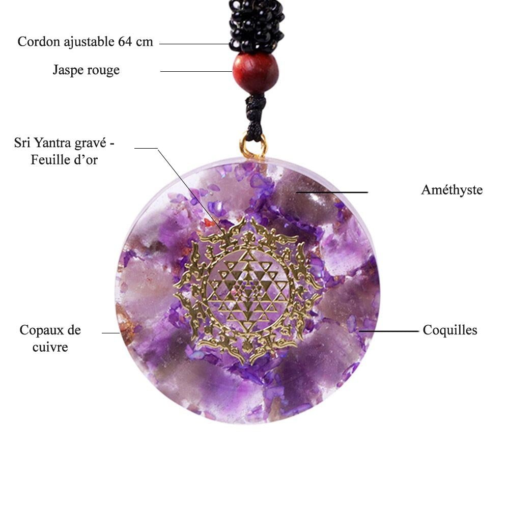 - Collier pendentif orgonite anti onde Améthyste Sriyantra - Accessoires de yoga, vêtements et tapis de yoga au naturel