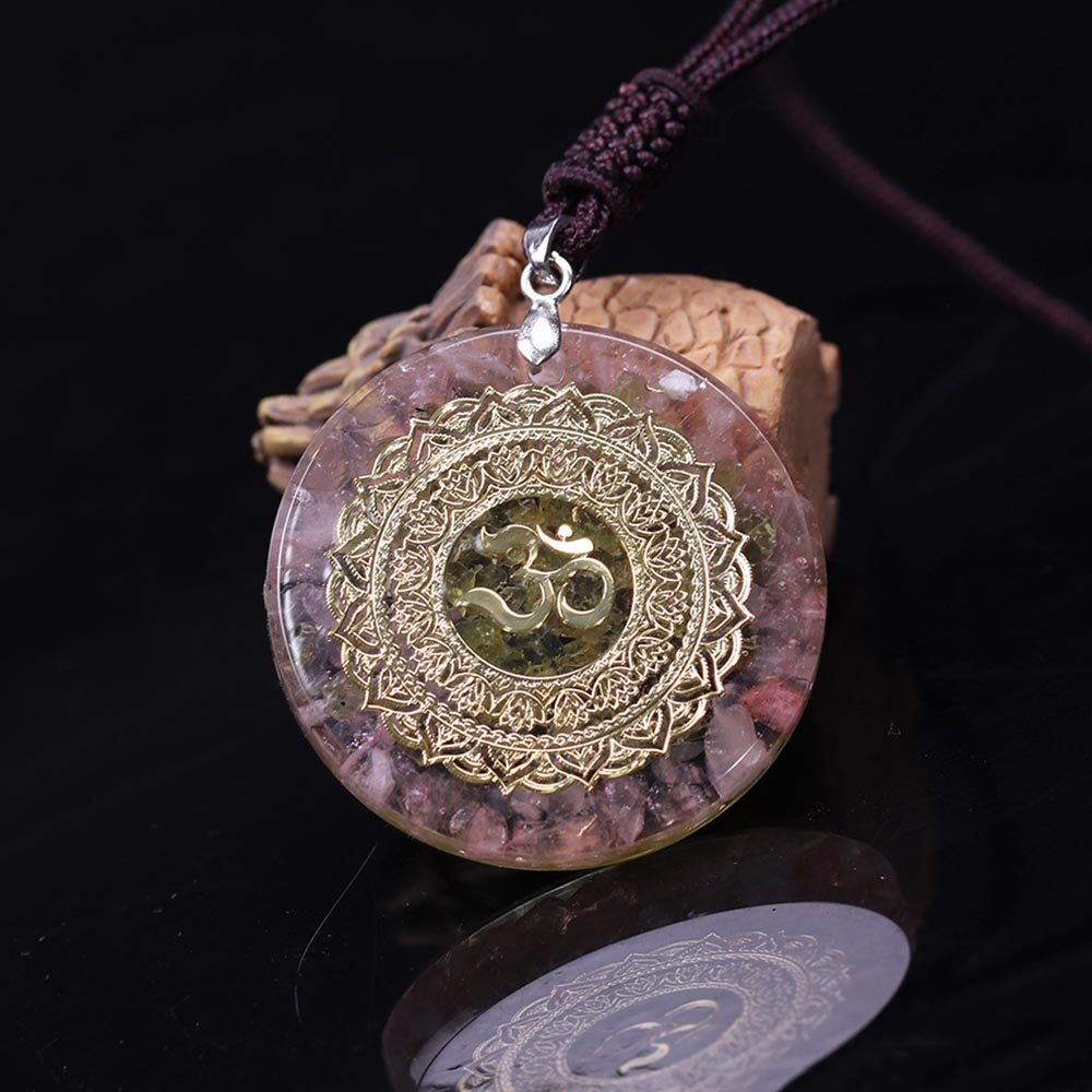 - Collier pendentif orgonite anti onde Quartz rose Mandala Om - Accessoires de yoga, vêtements et tapis de yoga au naturel