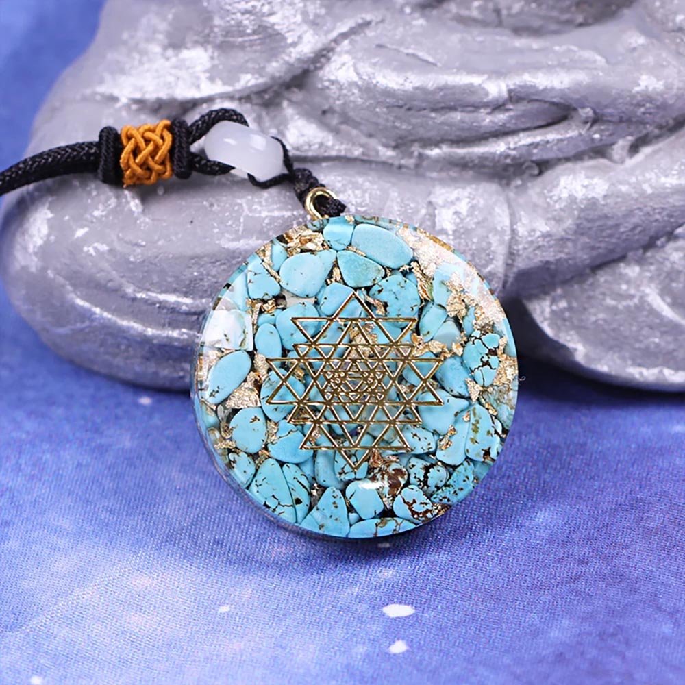 - Collier pendentif orgonite anti onde Turquoise Sriyantra - Accessoires de yoga, vêtements et tapis de yoga au naturel