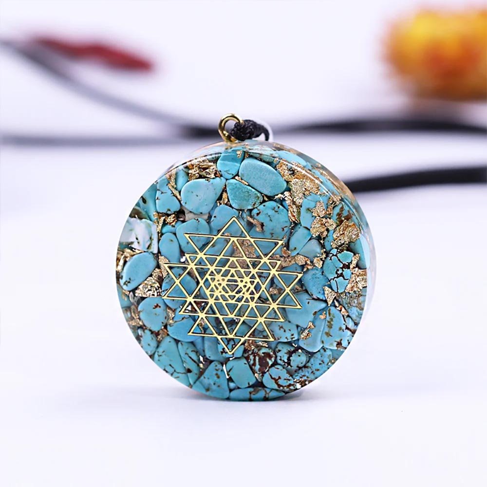 - Collier pendentif orgonite anti onde Turquoise Sriyantra - Accessoires de yoga, vêtements et tapis de yoga au naturel