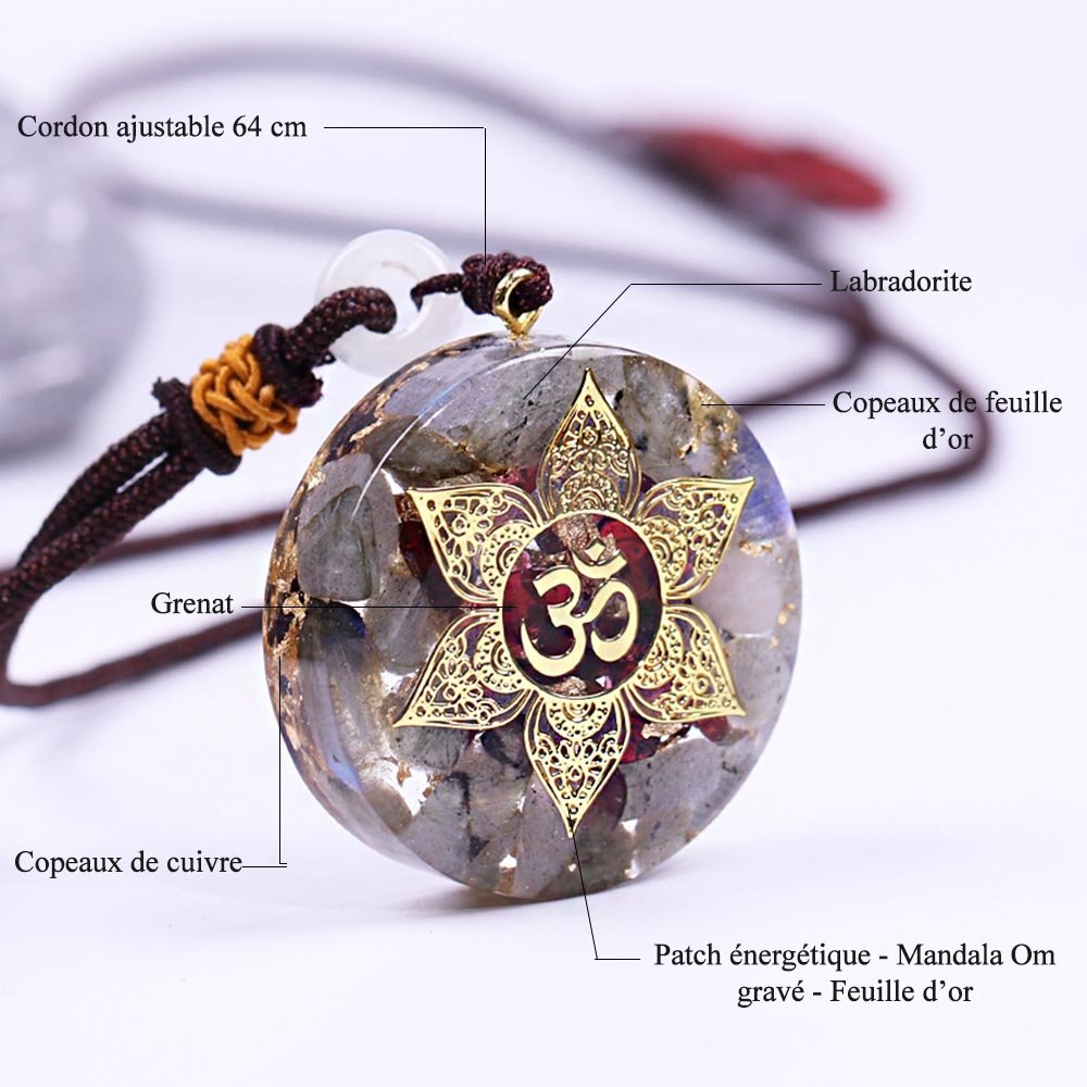 - Collier pendentif orgonite Labradorite grenat yoga Mandala - Accessoires de yoga, vêtements et tapis de yoga au naturel