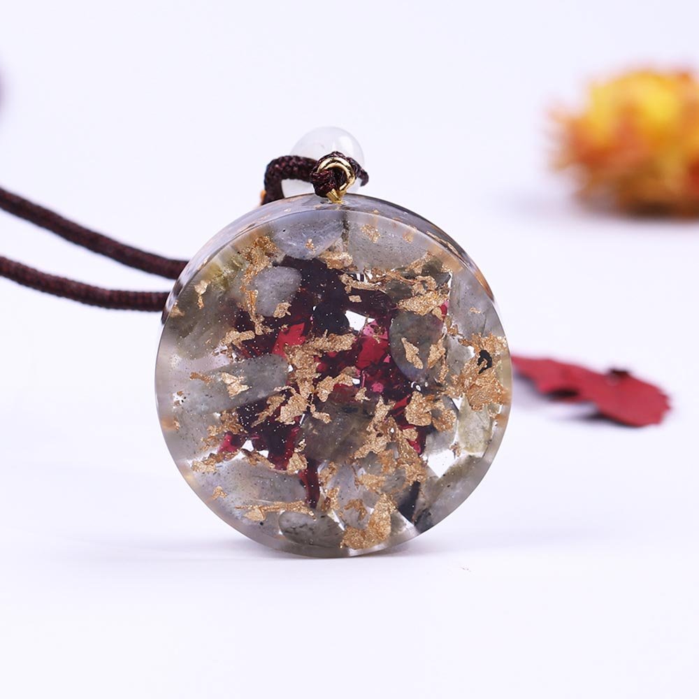 - Collier pendentif orgonite Labradorite grenat yoga Mandala - Accessoires de yoga, vêtements et tapis de yoga au naturel