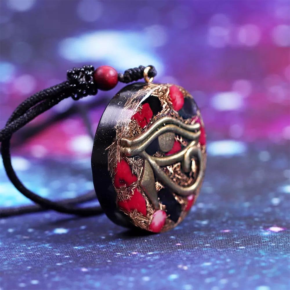 - Collier pendentif orgonite Oei d'Horus Jaspe rouge et Obsidienne - Accessoires de yoga, vêtements et tapis de yoga au naturel