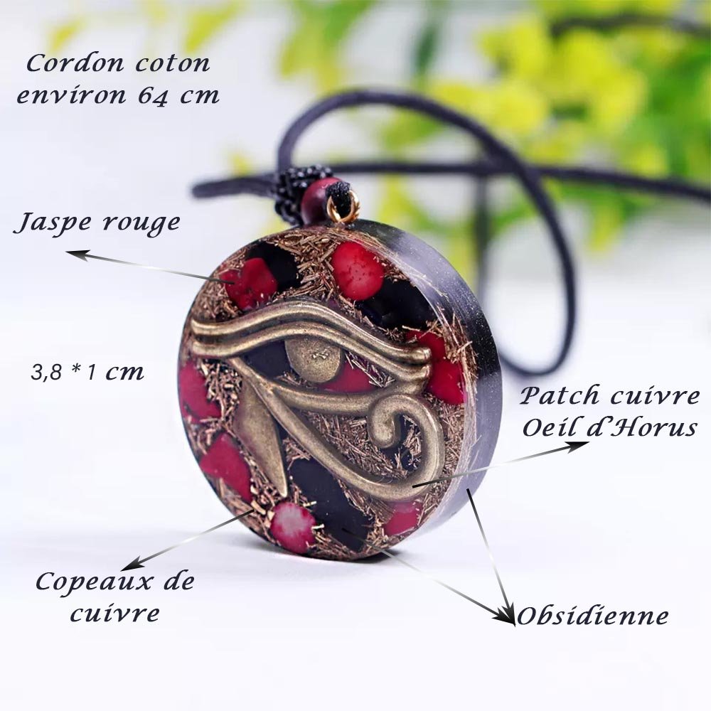 - Collier pendentif orgonite Oei d'Horus Jaspe rouge et Obsidienne - Accessoires de yoga, vêtements et tapis de yoga au naturel