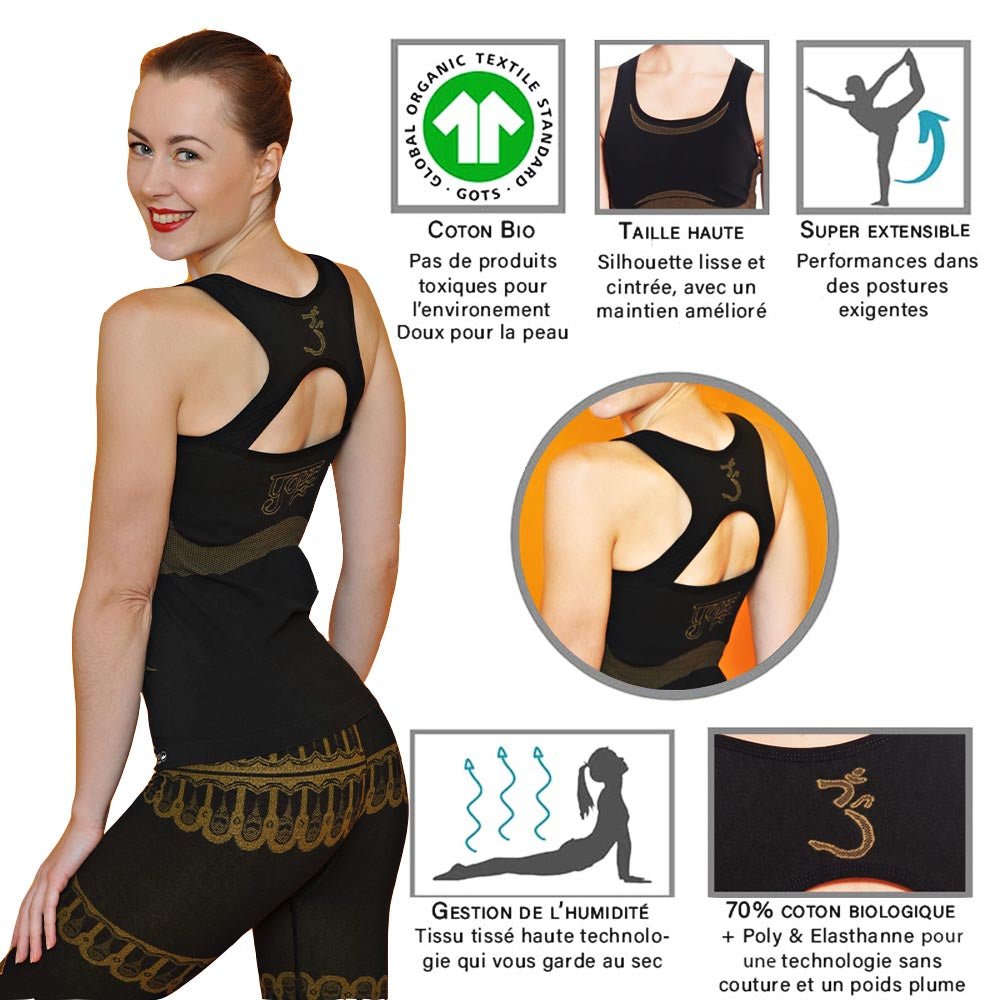 XS/S - Débardeur yoga femme 70% coton bio - sans coutures - soutien intégré - motif Om - Accessoires de yoga, vêtements et tapis de yoga au naturel