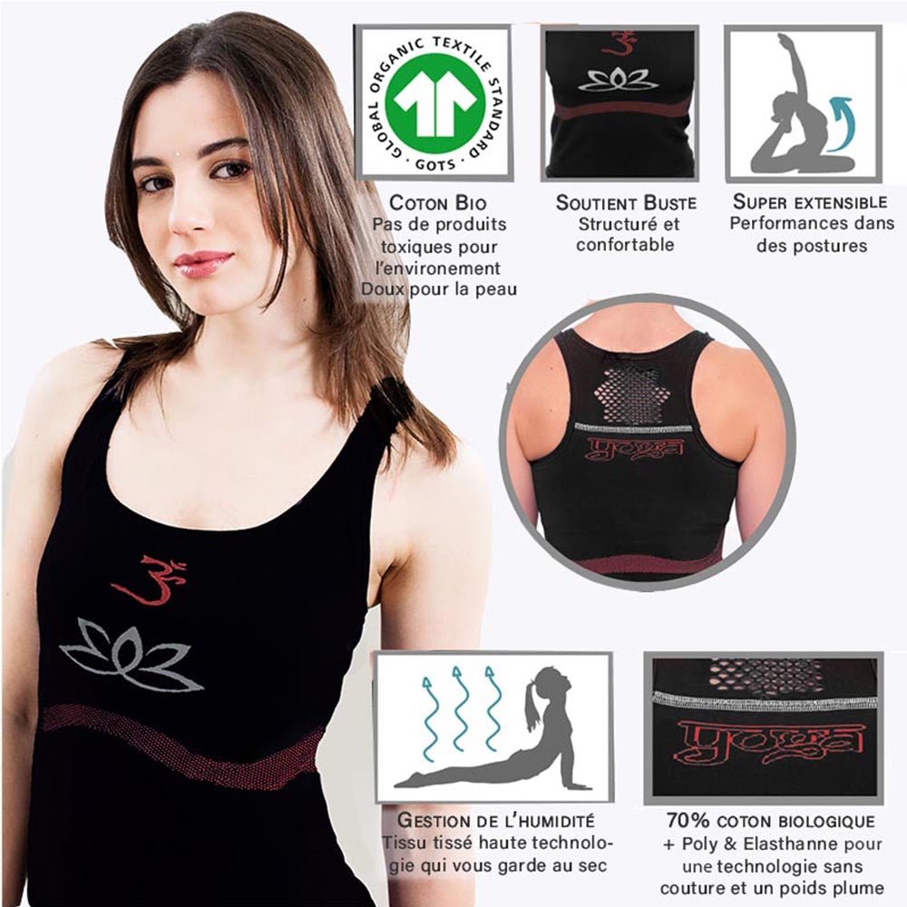 XS/S - Débardeur yoga, sans coutures 70% coton bio, Haut de yoga soutien intégré noir - Accessoires de yoga, vêtements et tapis de yoga au naturel