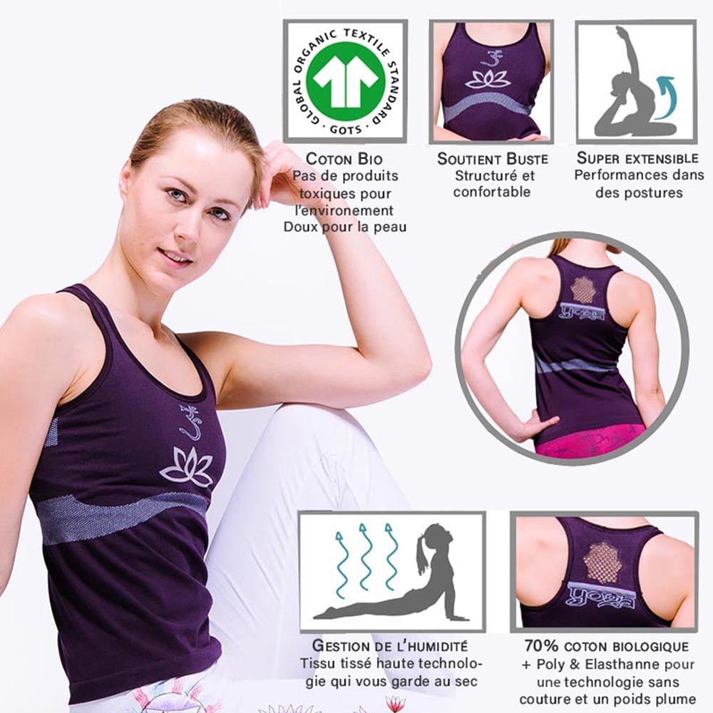 XS/S - Débardeur yoga, sans coutures 70% coton bio, Haut de yoga soutien intégré violet - Accessoires de yoga, vêtements et tapis de yoga au naturel