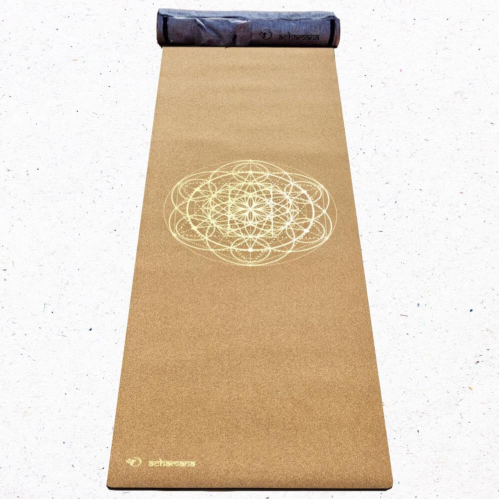 - Grand tapis de yoga liège fleur de vie Or - 2,15 m - Accessoires de yoga, vêtements et tapis de yoga au naturel