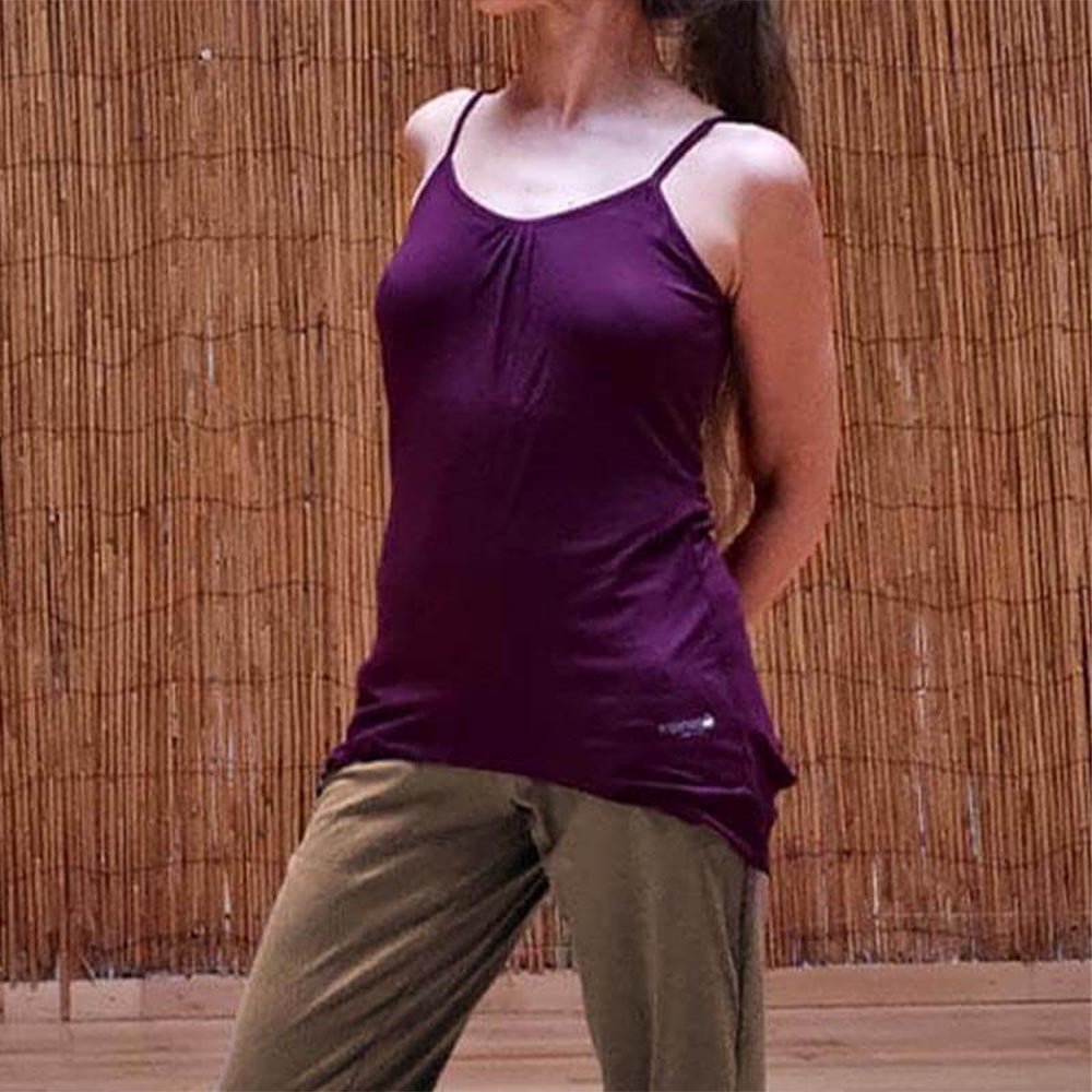 XS/S - 36/38 - Haut yoga femme asymétrique fluide - bretelles réglables en Bambou - Prune - Accessoires de yoga, vêtements et tapis de yoga au naturel