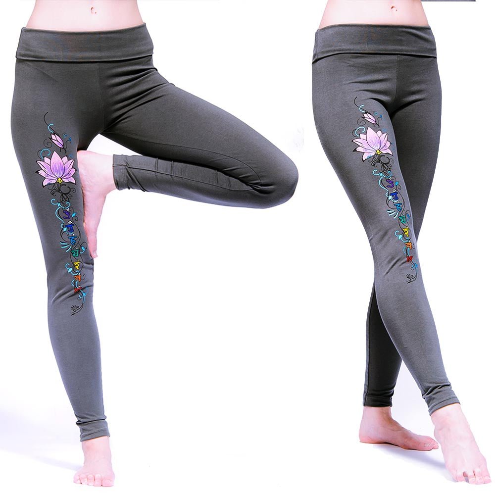 XS - Legging yoga et Pilates 95% coton fin Lotus énergie - Accessoires de yoga, vêtements et tapis de yoga au naturel