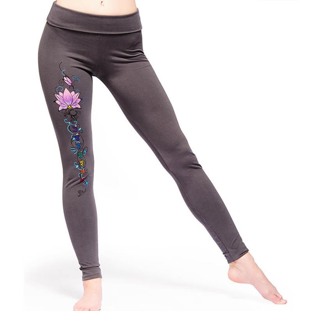 XS - Legging yoga et Pilates 95% coton fin Lotus énergie - Accessoires de yoga, vêtements et tapis de yoga au naturel