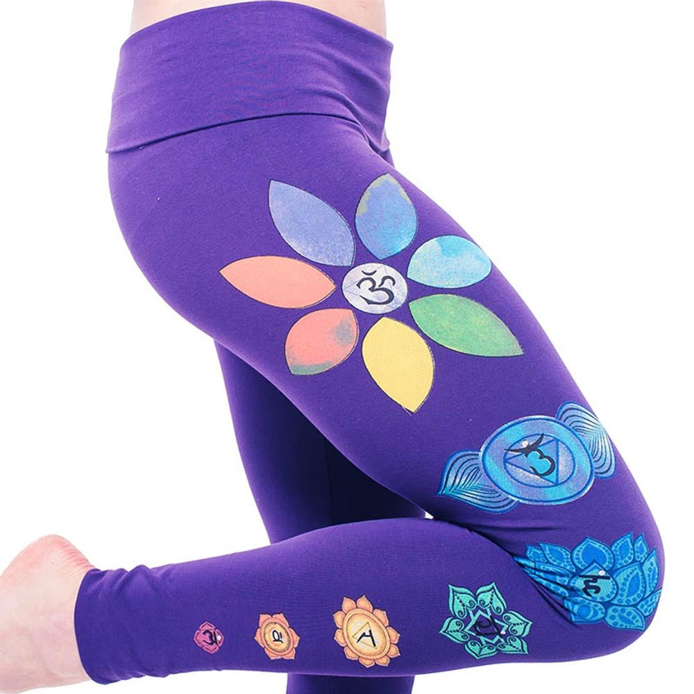 XS - Legging yoga femme coton Bio - taille haute - 7 Chakras peints à la main - Accessoires de yoga, vêtements et tapis de yoga au naturel
