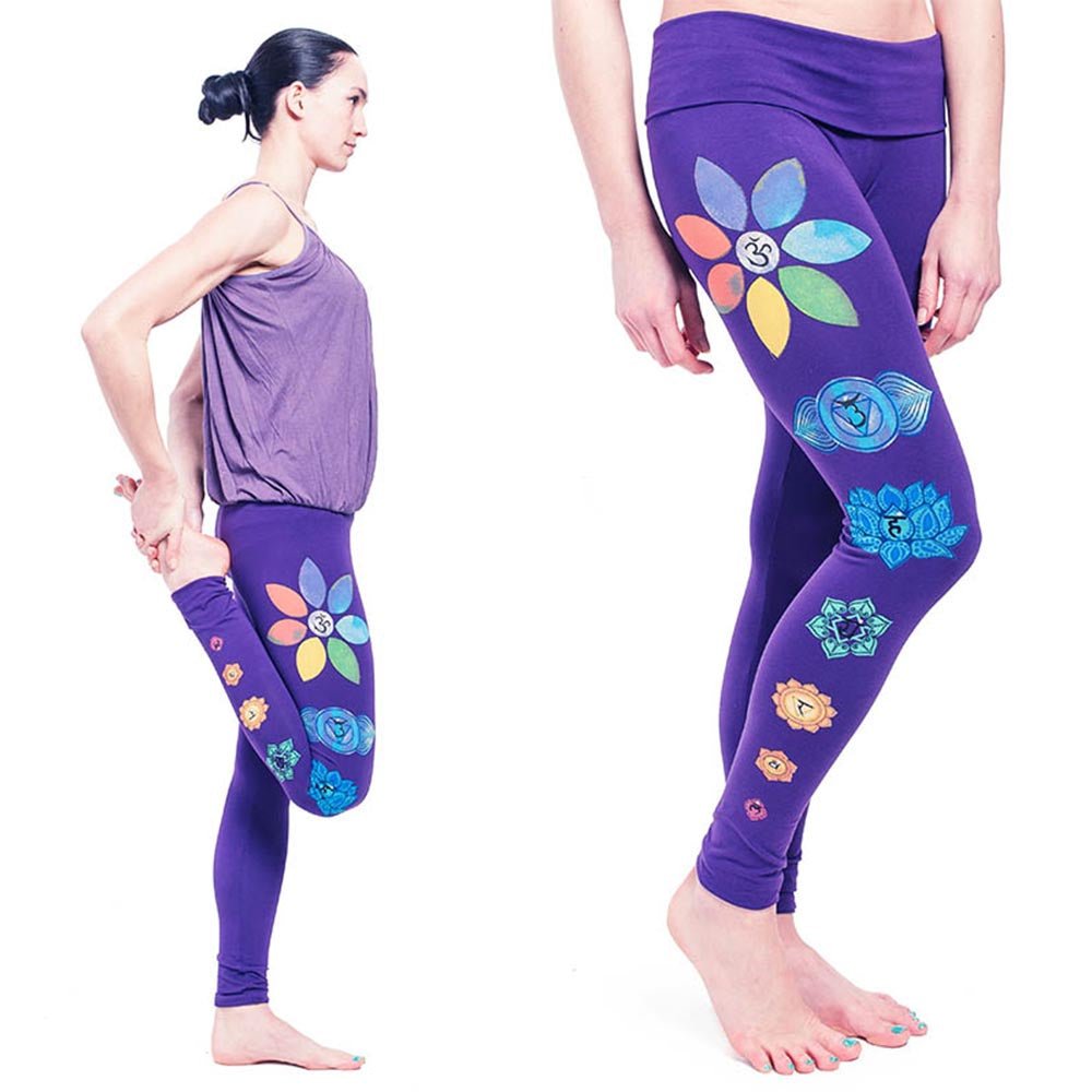 XS - Legging yoga femme coton Bio - taille haute - 7 Chakras peints à la main - Accessoires de yoga, vêtements et tapis de yoga au naturel