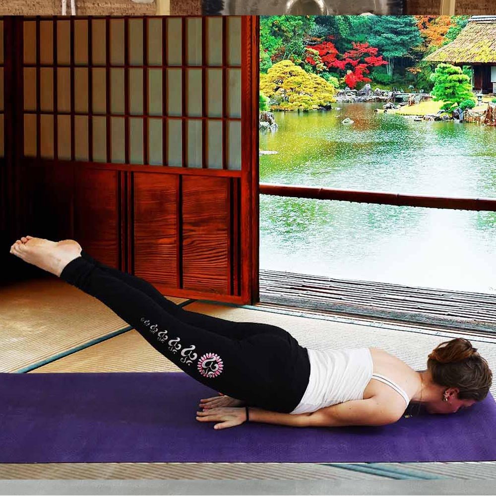 XS - Legging yoga femme long, taille haute, noir, motifs Om peints à la main - Accessoires de yoga, vêtements et tapis de yoga au naturel