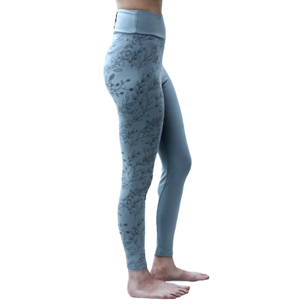 Taille XS/S - 36/38 - Legging yoga floral taille haute longueur 7/8ème bleu-gris – Coton bio certifié GOTS - Accessoires de yoga, vêtements et tapis de yoga au naturel