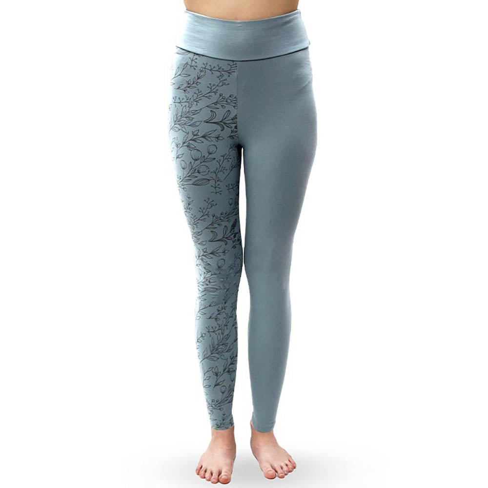 Taille XS/S - 36/38 - Legging yoga floral taille haute longueur 7/8ème bleu-gris – Coton bio certifié GOTS - Accessoires de yoga, vêtements et tapis de yoga au naturel