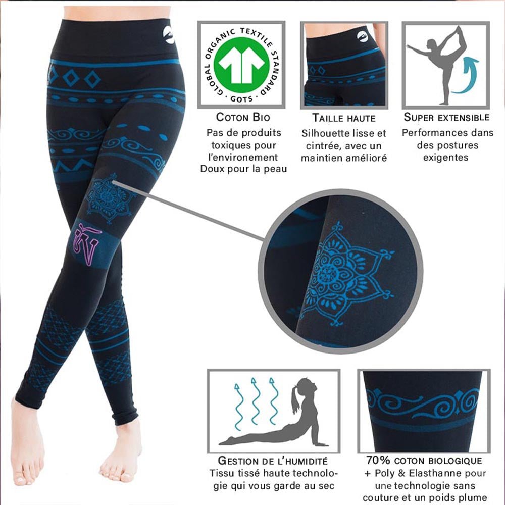 XS / S - Legging yoga sans couture taille haute 70% coton bio anti sueur, Om Tibétain - Accessoires de yoga, vêtements et tapis de yoga au naturel