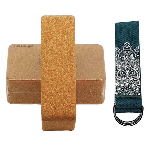 - Pack yoga liège (débutant & yogi) - 1 roue, 1 brique et 1 bloc liège, 1 sangle XL - Accessoires de yoga, vêtements et tapis de yoga au naturel