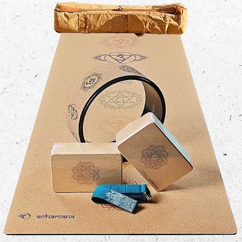 - Pack yoga liège (débutant & yogi) 1 Tapis liège , 1 roue liège, 2 briques 7,5 cm, 1 sangle verte - Accessoires de yoga, vêtements et tapis de yoga au naturel