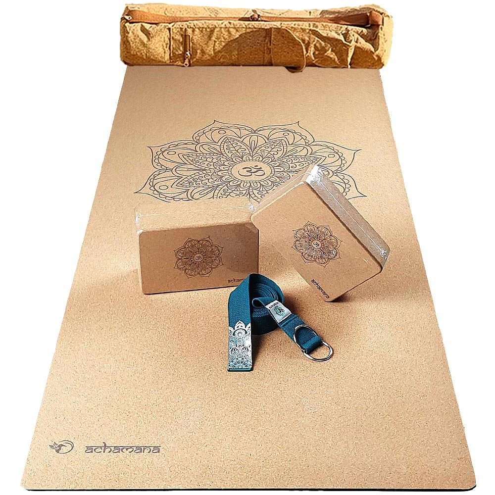 - Pack yoga liège (débutant & yogi) - 1 tapis yoga liège, 1 brique et 1 bloc liège, 1 sangle XL - Accessoires de yoga, vêtements et tapis de yoga au naturel