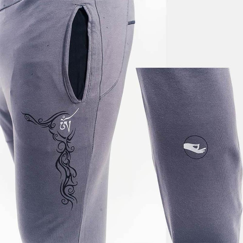 S/M - Pantalon de Yoga homme Slim Fit Gris - Tatouage sacré - Accessoires de yoga, vêtements et tapis de yoga au naturel