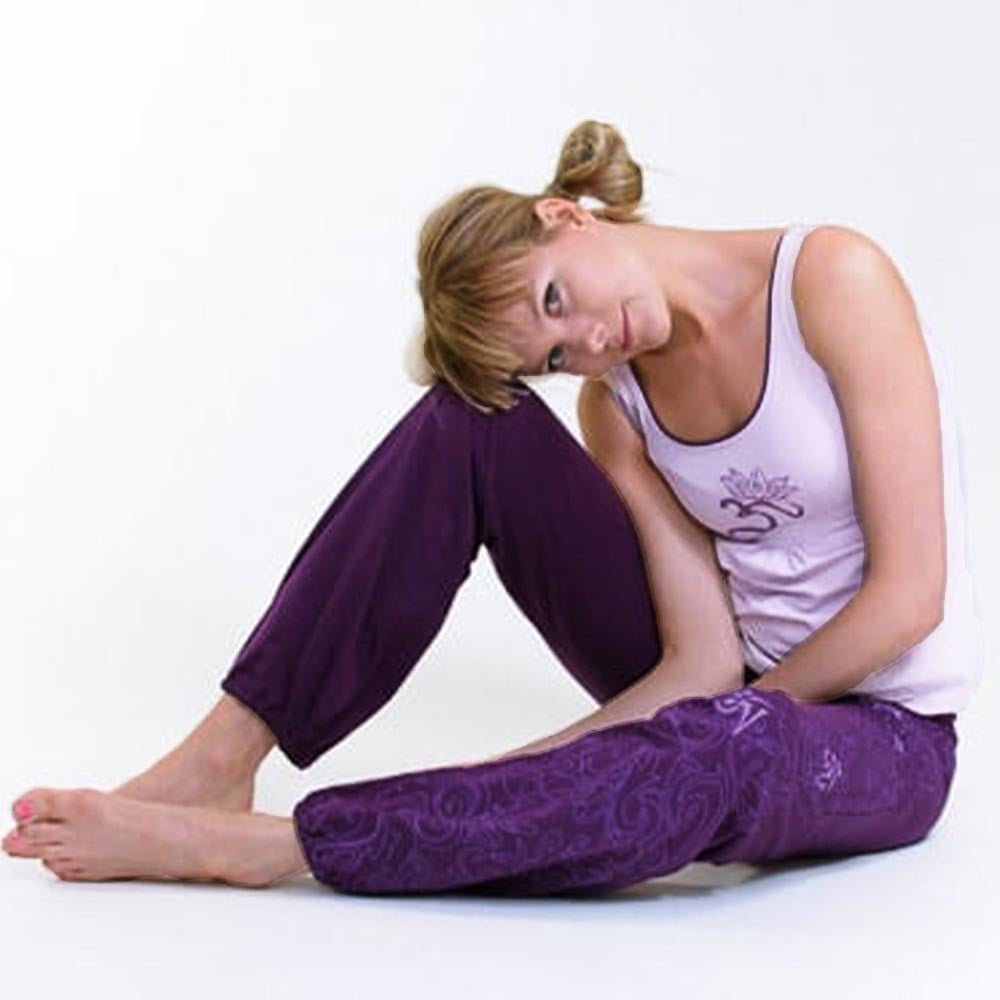 S/M - Pantalon yoga femme aubergine - Coton prémium - motif om Maori - Accessoires de yoga, vêtements et tapis de yoga au naturel