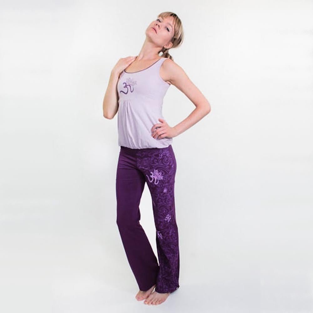 S/M - Pantalon yoga femme aubergine - Coton prémium - motif om Maori - Accessoires de yoga, vêtements et tapis de yoga au naturel