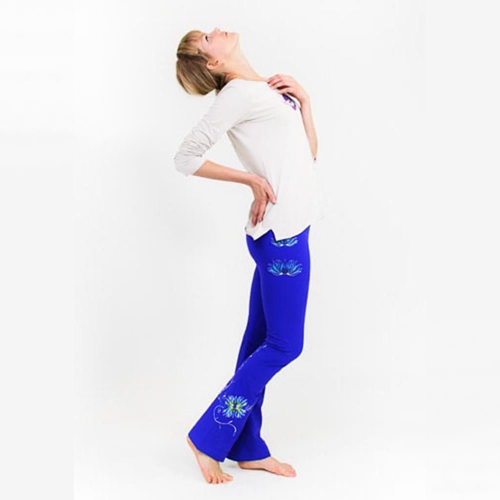 XS - Pantalon yoga femme - Coupe Bootcut - Fleur de Lotus peint à la main, bleu-violet - Accessoires de yoga, vêtements et tapis de yoga au naturel