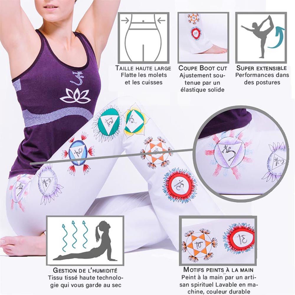 XS - Pantalon yoga femme - Coupe bootcut - Sept chakras peint à la main - Kundalini Blanc - Accessoires de yoga, vêtements et tapis de yoga au naturel