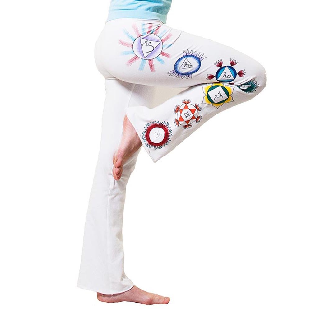 XS - Pantalon yoga femme - Coupe bootcut - Sept chakras peint à la main - Kundalini Blanc - Accessoires de yoga, vêtements et tapis de yoga au naturel
