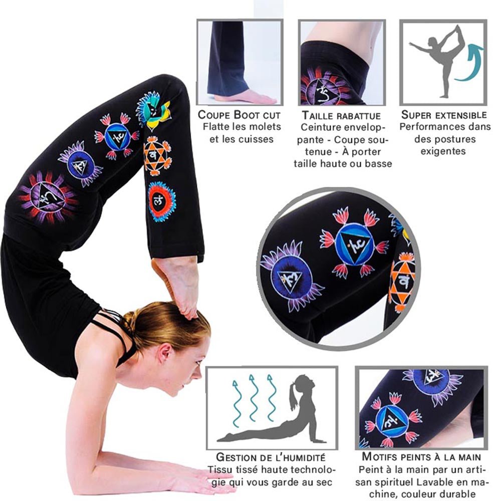 XS - Pantalon yoga femme - Coupe bootcut - Sept chakras peint à la main - Kundalini Noir - Accessoires de yoga, vêtements et tapis de yoga au naturel