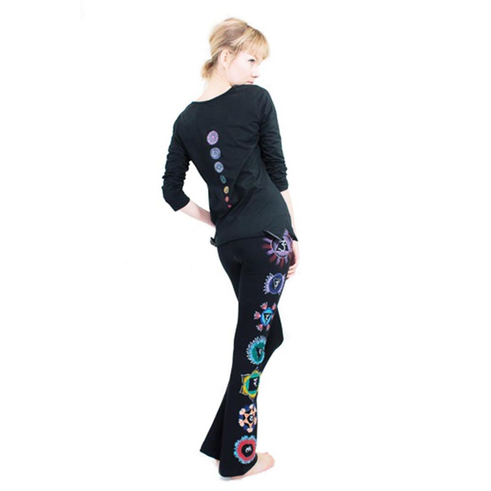 XS - Pantalon yoga femme - Coupe bootcut - Sept chakras peint à la main - Kundalini Noir - Accessoires de yoga, vêtements et tapis de yoga au naturel