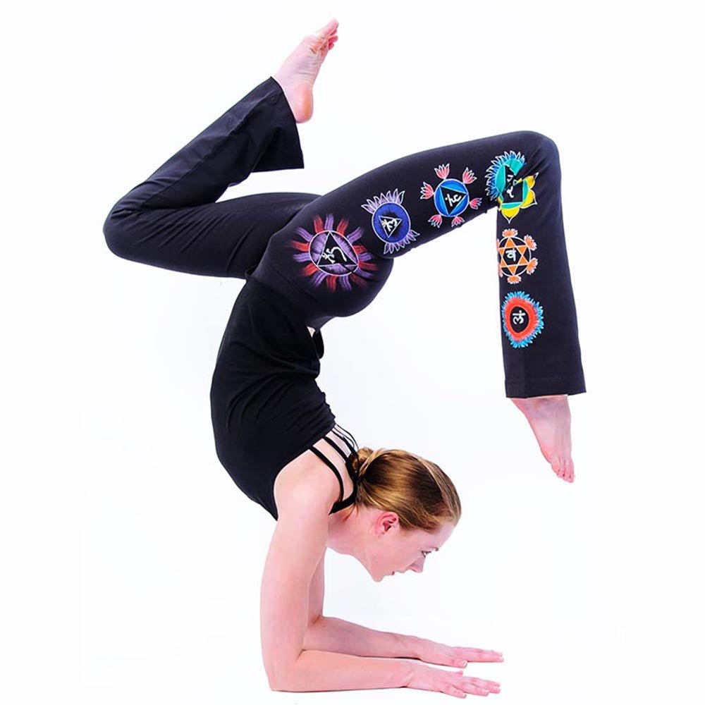 XS - Pantalon yoga femme - Coupe bootcut - Sept chakras peint à la main - Kundalini Noir - Accessoires de yoga, vêtements et tapis de yoga au naturel