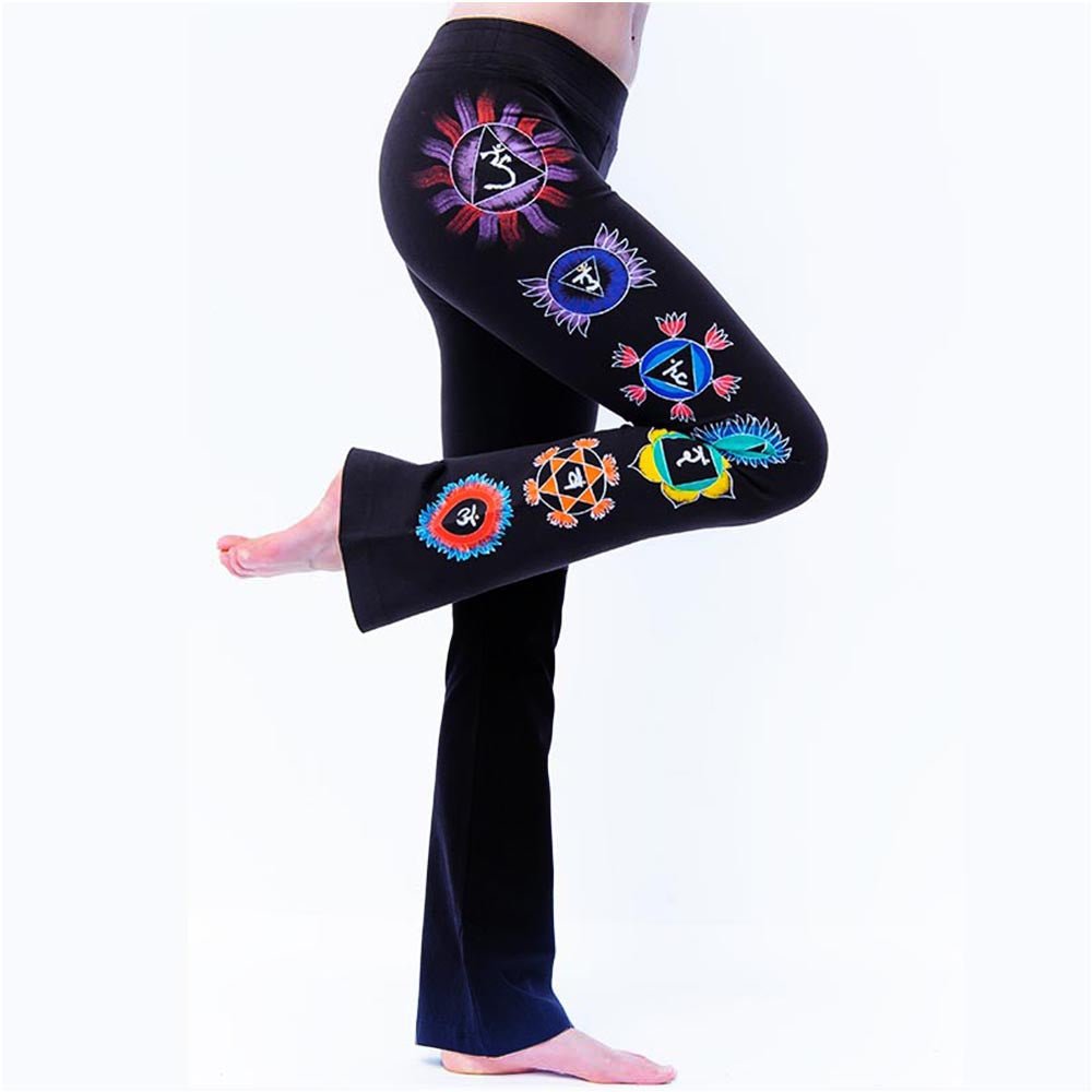 XS - Pantalon yoga femme - Coupe bootcut - Sept chakras peint à la main - Kundalini Noir - Accessoires de yoga, vêtements et tapis de yoga au naturel