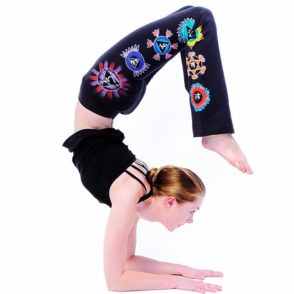 XS - Pantalon yoga femme - Coupe bootcut - Sept chakras peint à la main - Kundalini Noir - Accessoires de yoga, vêtements et tapis de yoga au naturel
