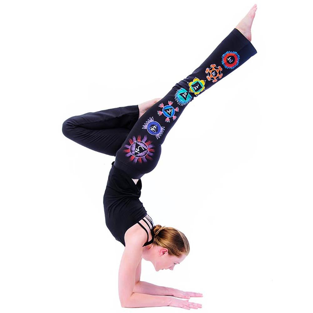 XS - Pantalon yoga femme - Coupe bootcut - Sept chakras peint à la main - Kundalini Noir - Accessoires de yoga, vêtements et tapis de yoga au naturel